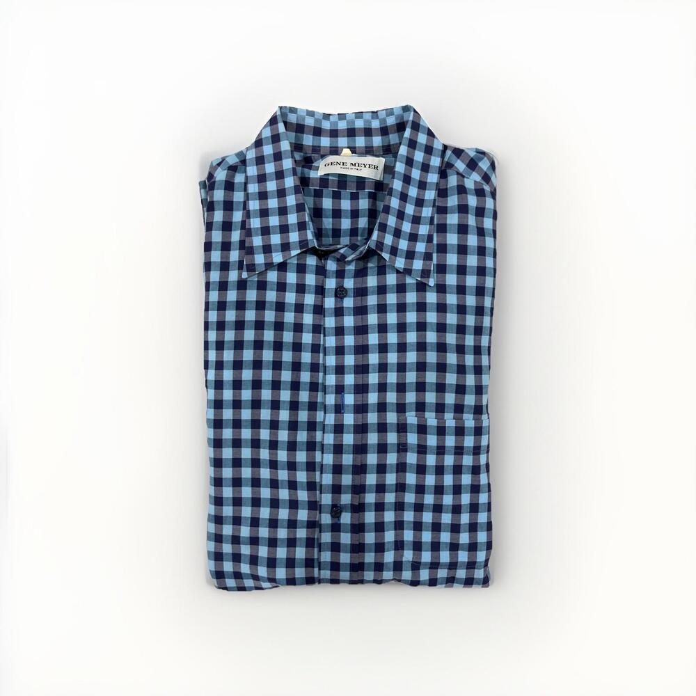 GENE MEYER MENS CASUAL BUTTON BLUE SHIRT SIZE LARGE APPROX MADE IN ITALY VGC!